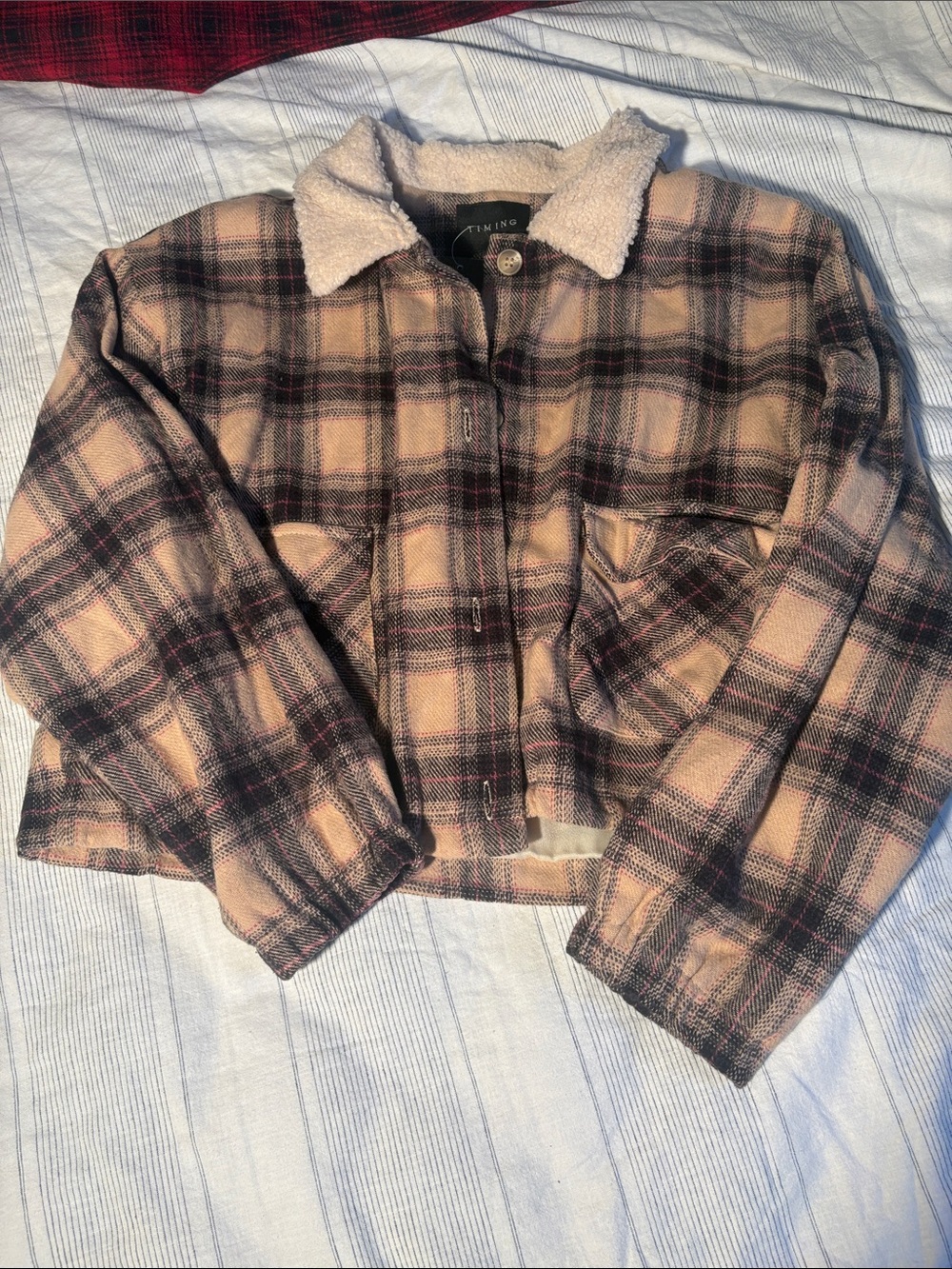 PlaidSherpa-Trim Cropped Jacket